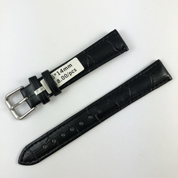 Кожаный ремешок на часы 16х14 мм silver-black