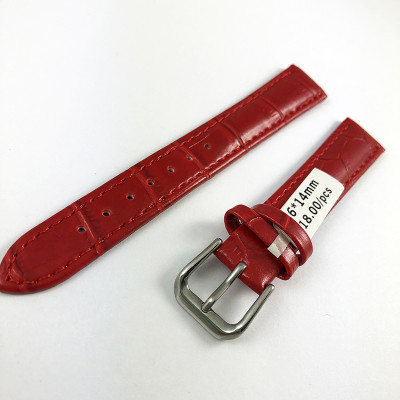Кожаный ремешок на часы 16х14 мм silver-red