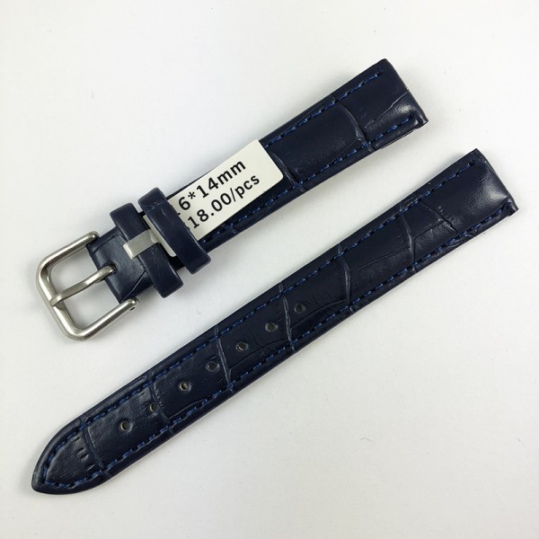 Кожаный ремешок на часы 16х14 мм silver-blue